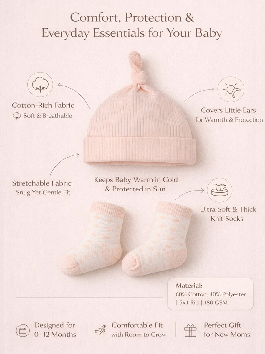 Ribbed Knit Cap and Polka Dot Socks Set