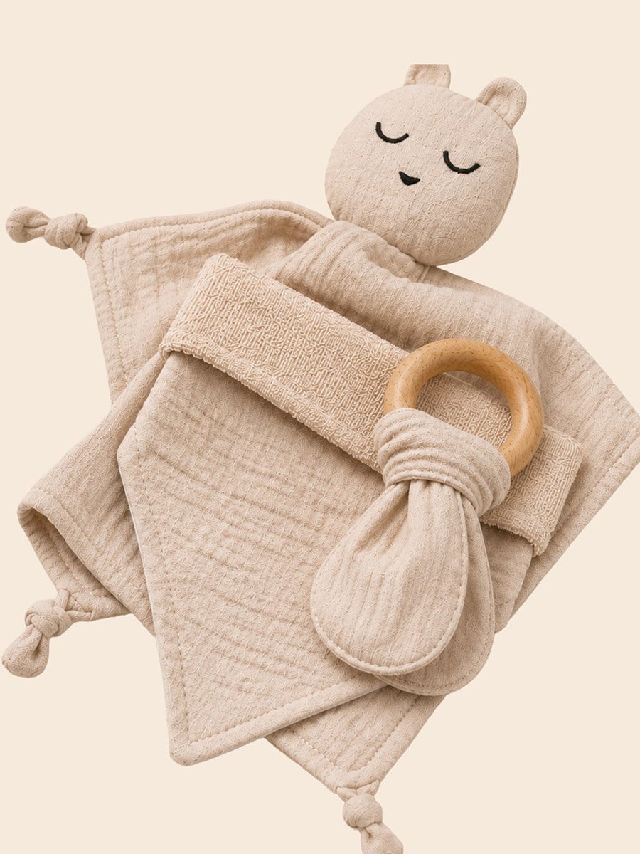 3-Piece Plush Head Toy, Textured Bib and Wooden Teether Loop Set