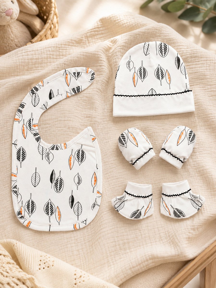 4-Piece Gift Box -Printed Bib, Bear Ear Cap, Mittens and Booties