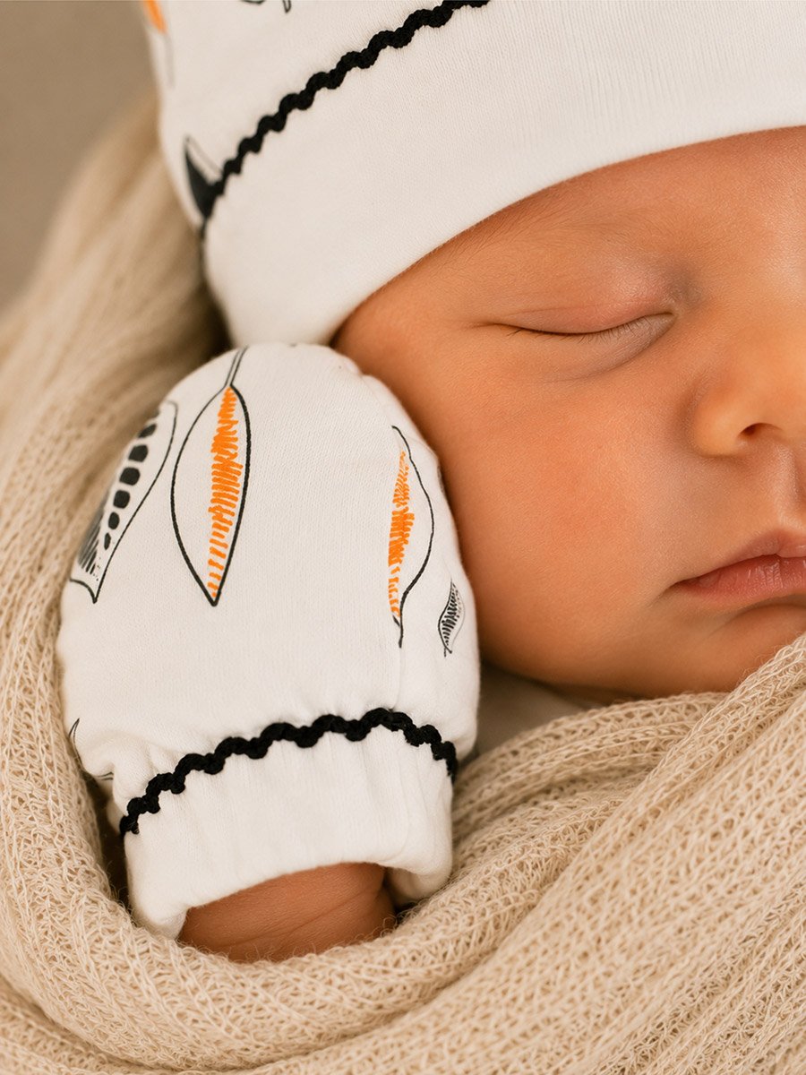4-Piece Gift Box -Printed Bib, Bear Ear Cap, Mittens and Booties