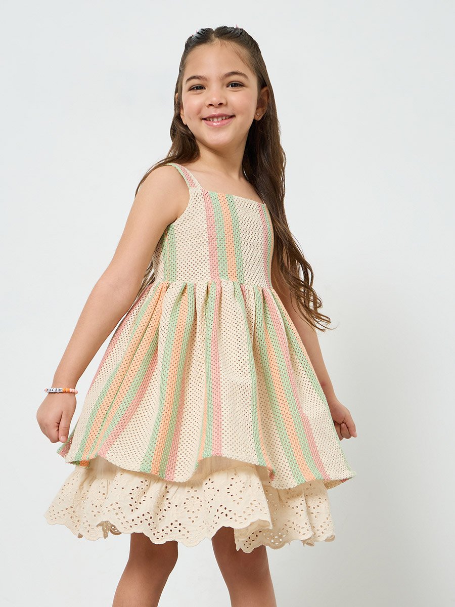 Girls Beige Striped Embroidered Hem Dress