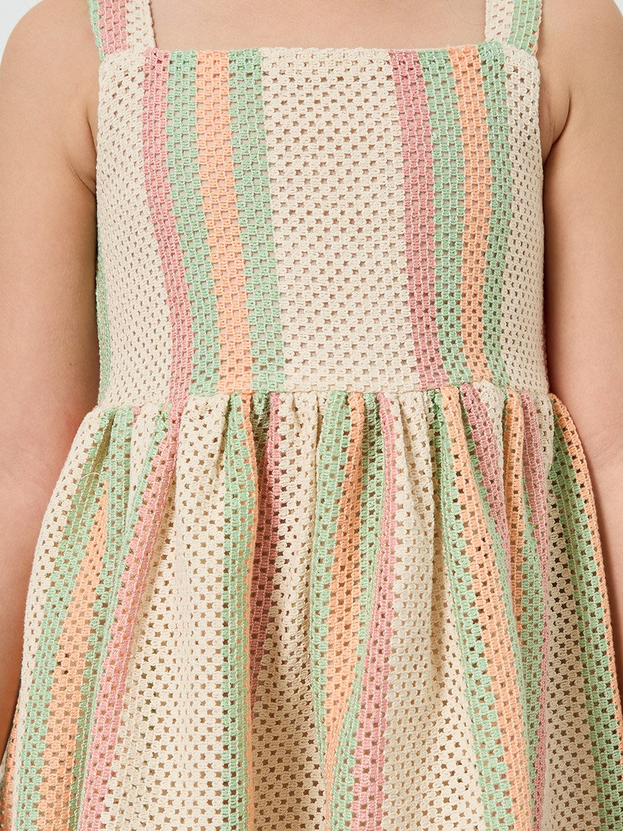Girls Beige Striped Embroidered Hem Dress