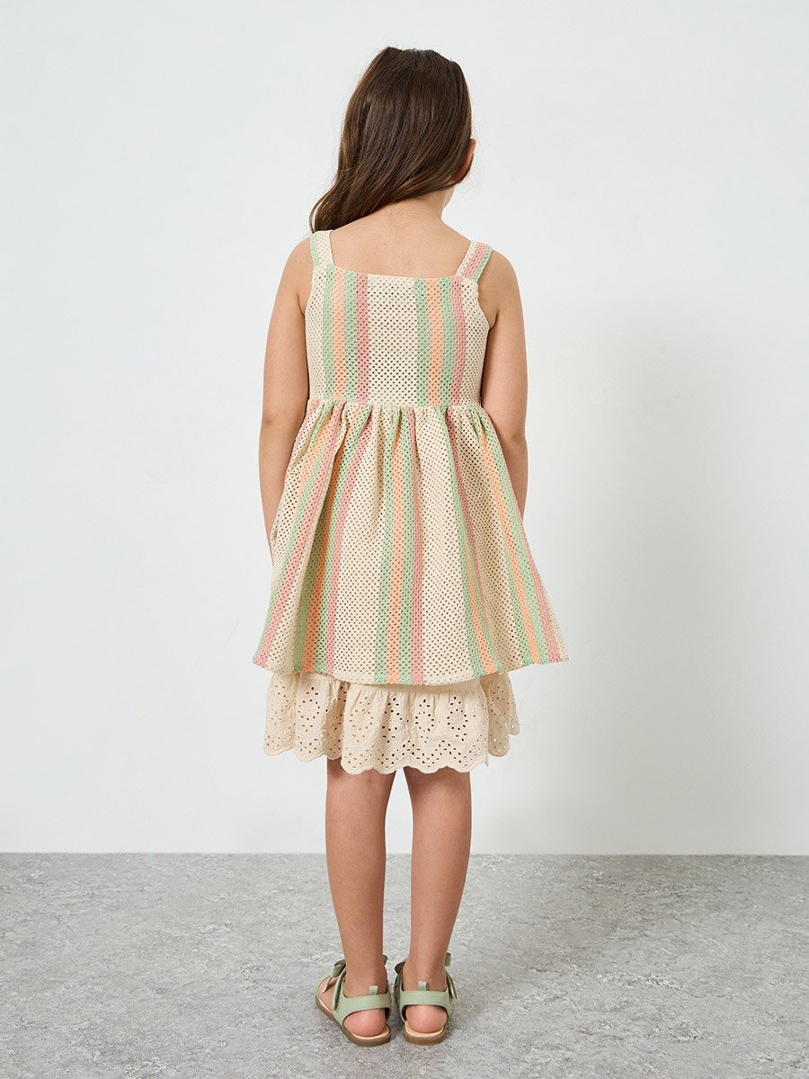 Girls Beige Striped Embroidered Hem Dress
