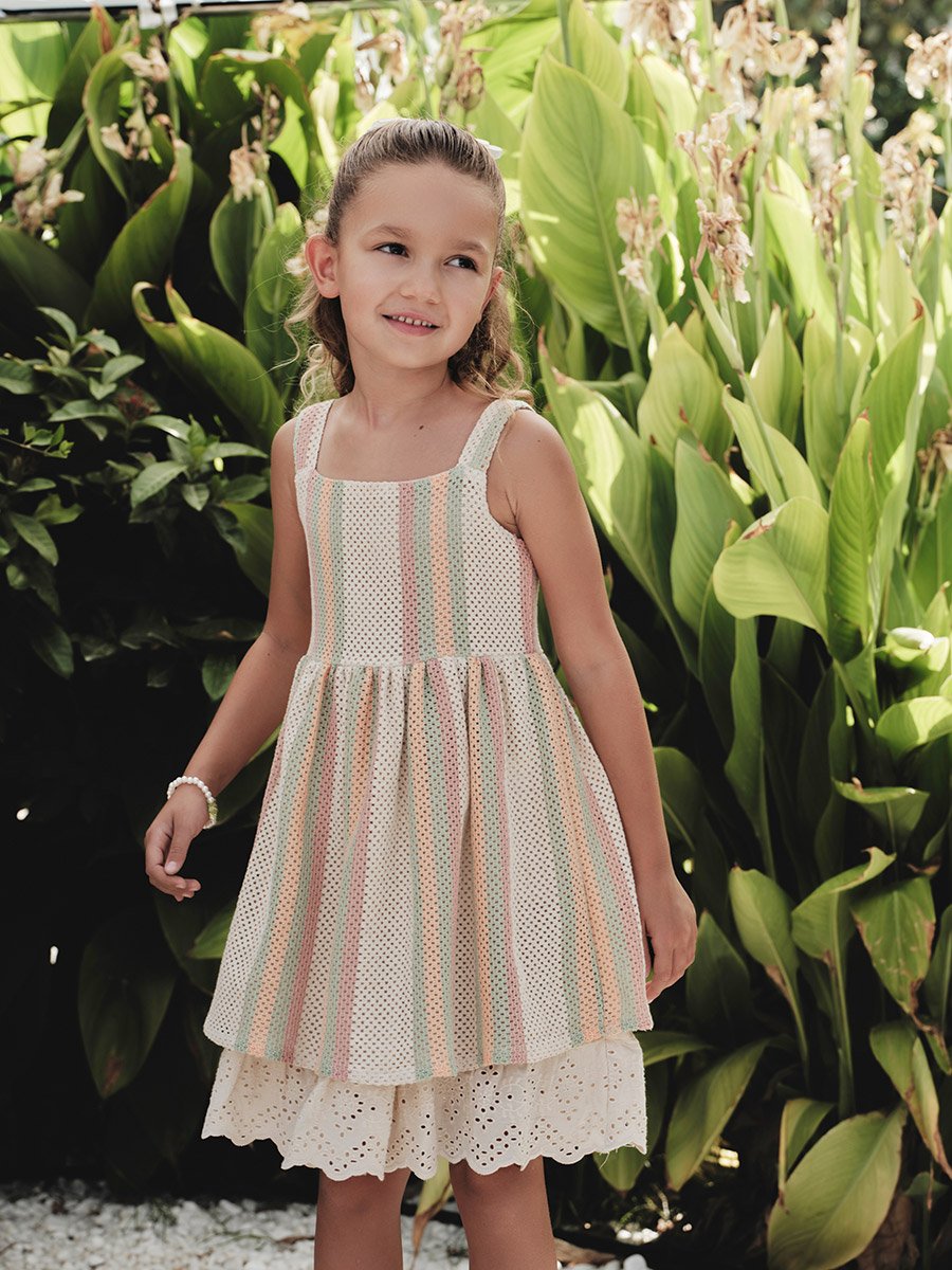 Girls Beige Striped Embroidered Hem Dress