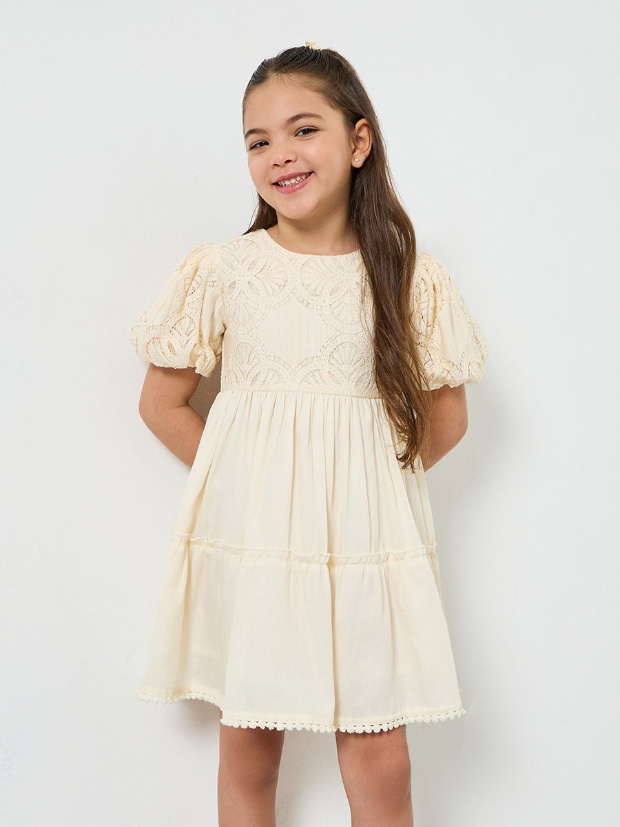 Girls Beige Puff Sleeve Lace Tiered Dress