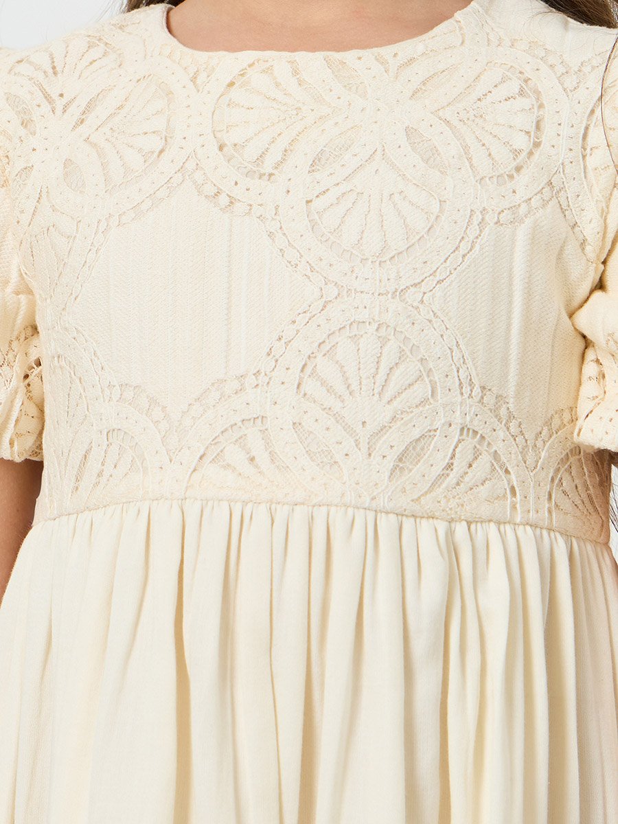 Girls Beige Puff Sleeve Lace Tiered Dress