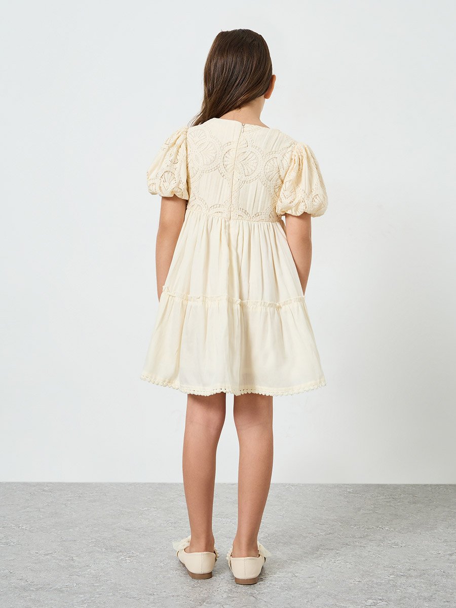 Girls Beige Puff Sleeve Lace Tiered Dress