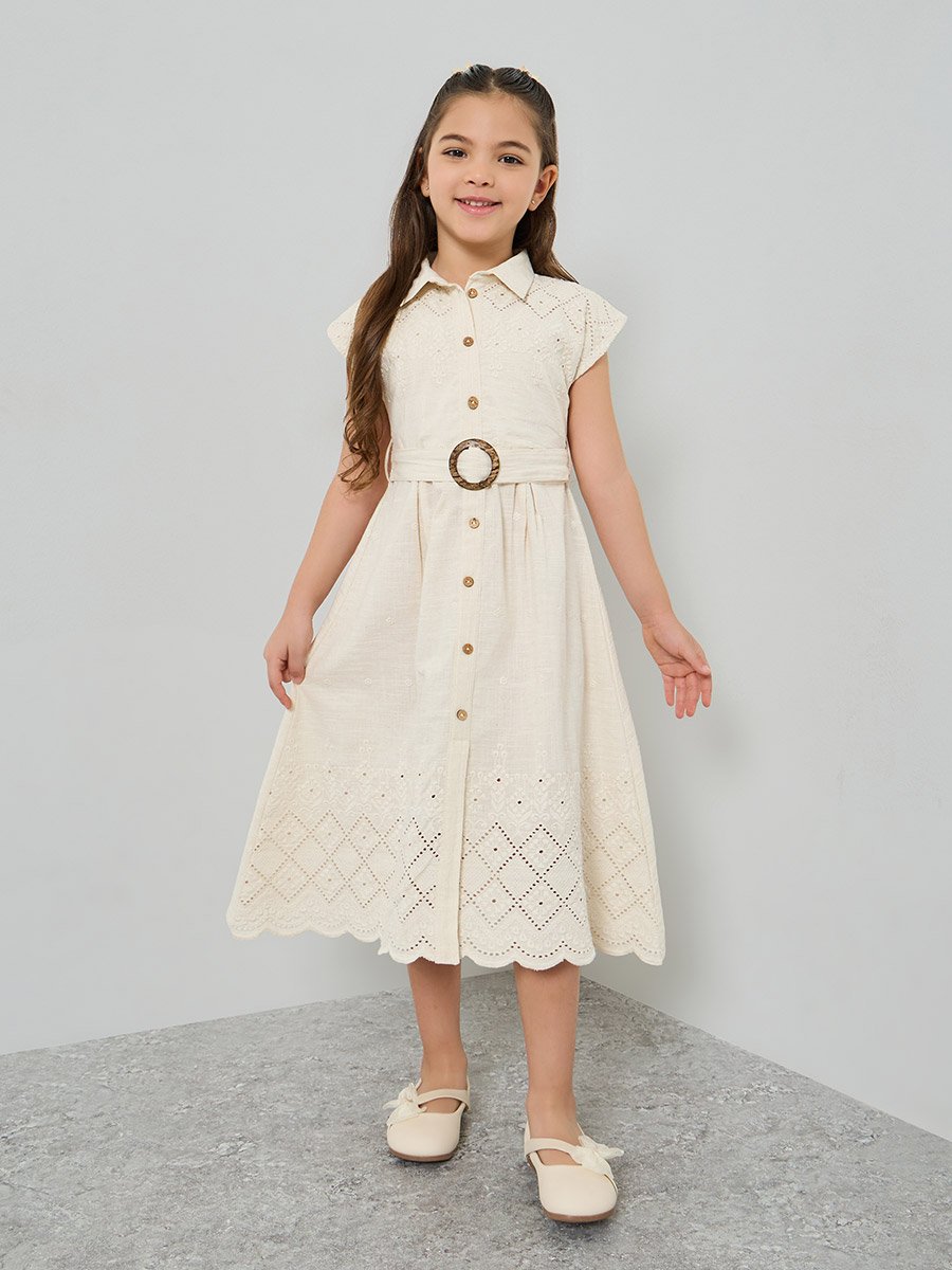 Girls Beige Embroidered Hem A-Line Dress