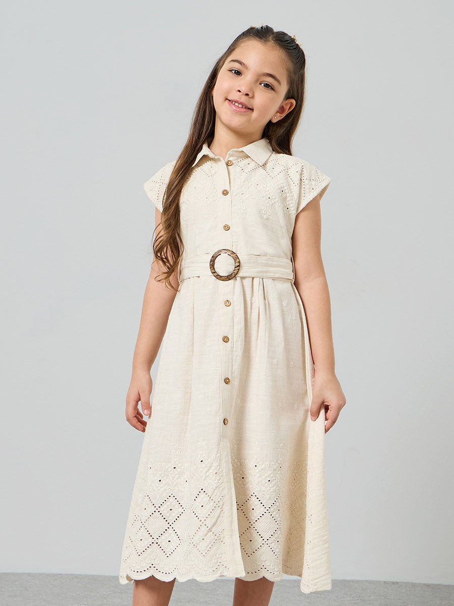 Girls Beige Embroidered Hem A-Line Dress