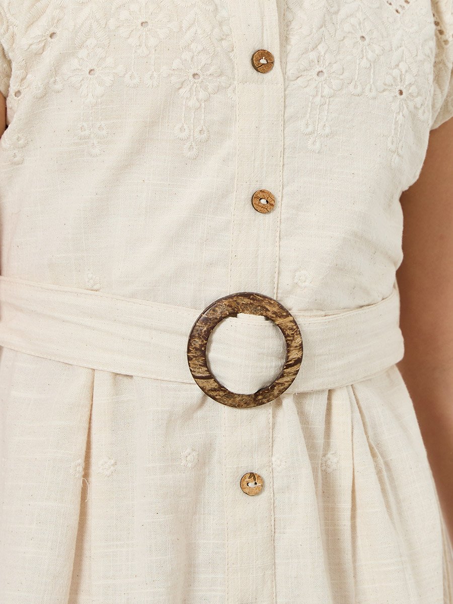 Girls Beige Embroidered Hem A-Line Dress