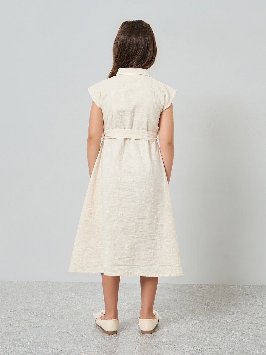Girls Beige Embroidered Hem A-Line Dress