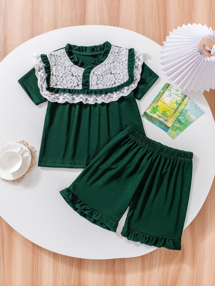 Girls Green Lace Trim Top with Shorts Pyjama Set