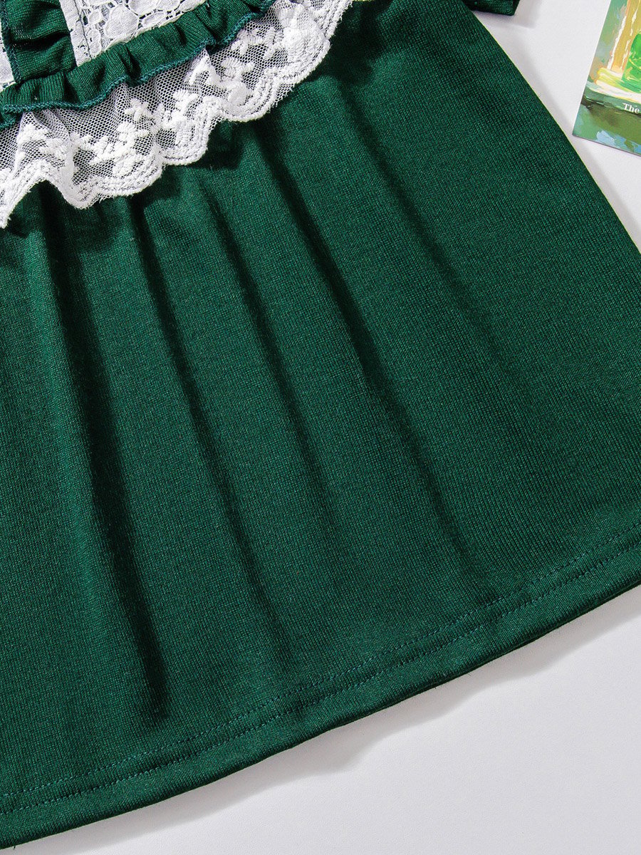 Girls Green Lace Trim Top with Shorts Pyjama Set