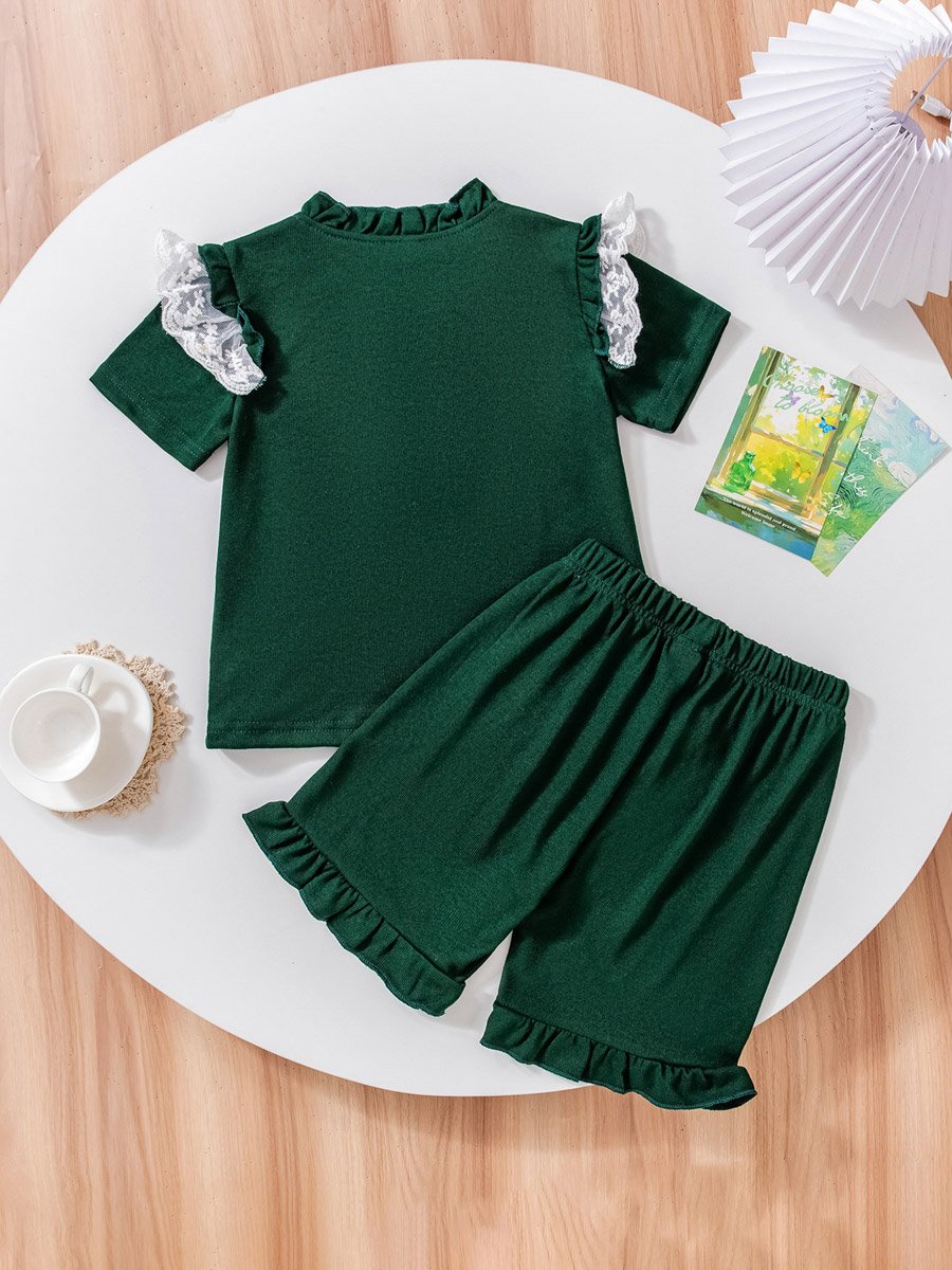 Girls Green Lace Trim Top with Shorts Pyjama Set