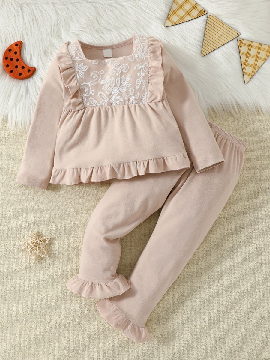 Girls Beige Lace Trim T-Shirt and Pyjama Set