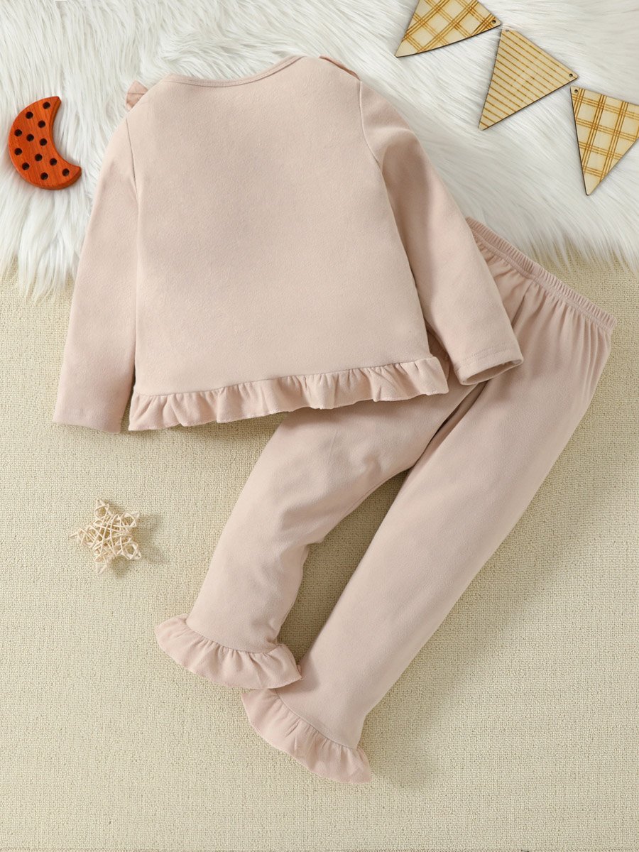 Girls Beige Lace Trim T-Shirt and Pyjama Set