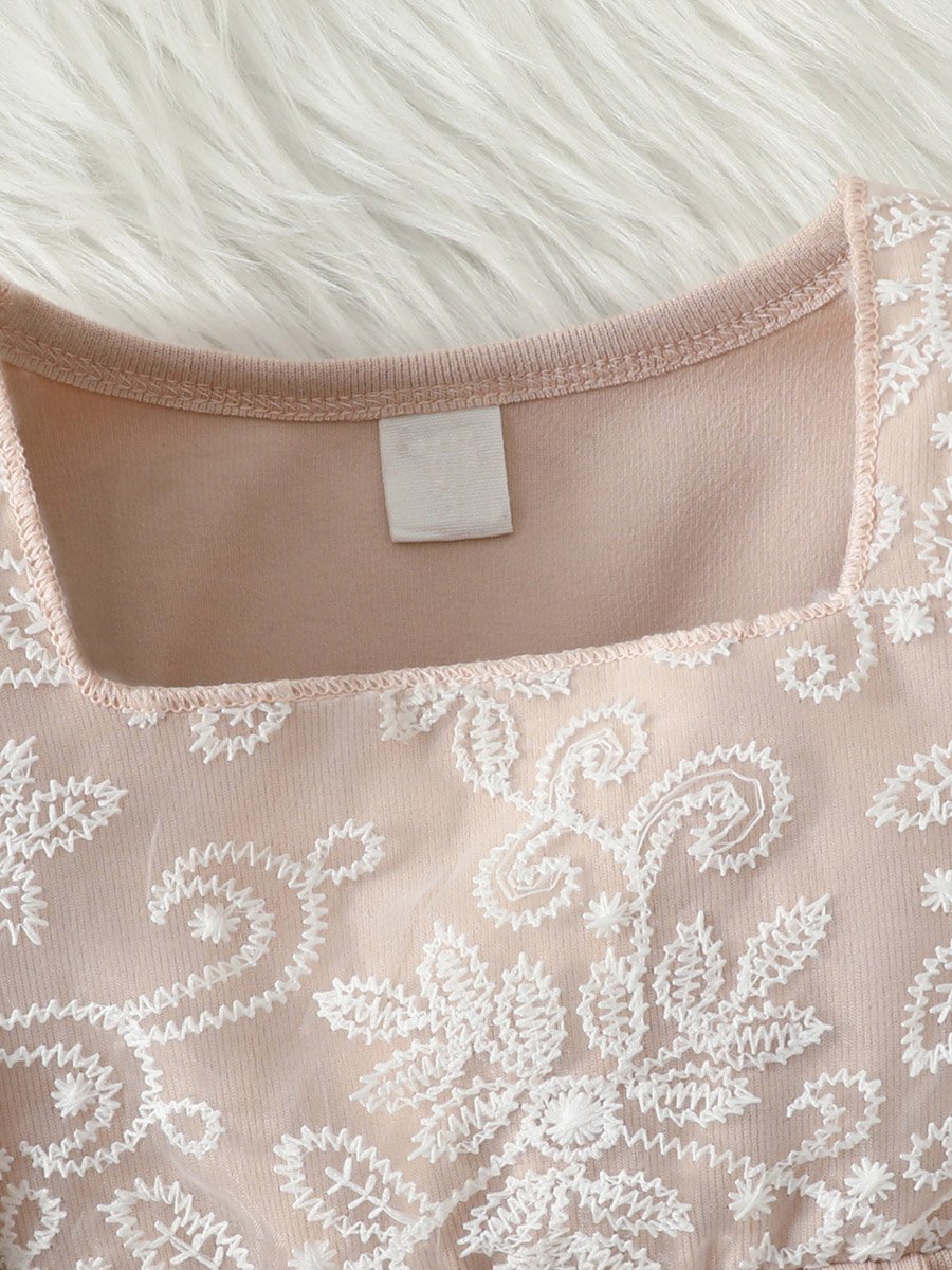 Girls Beige Lace Trim T-Shirt and Pyjama Set