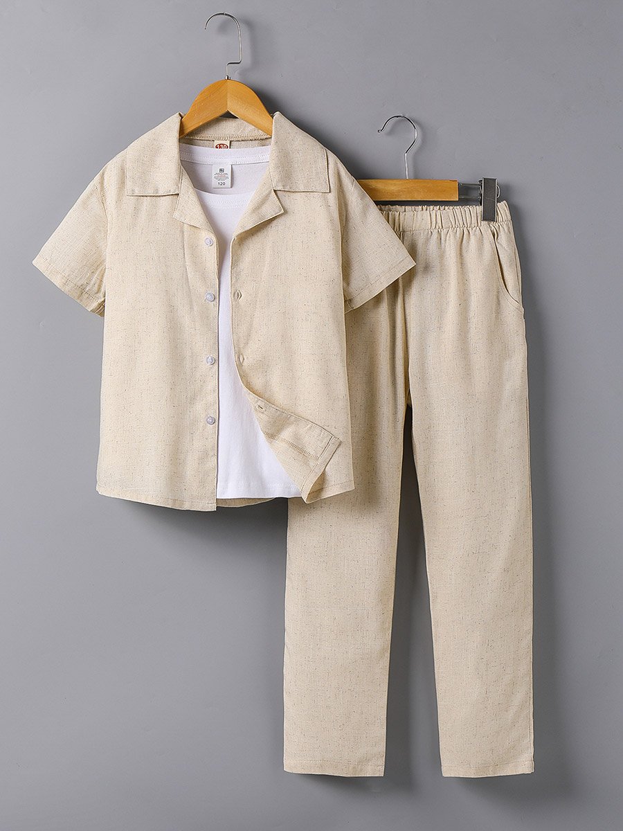 Boys Beige Linen Blend Shirt and Trousers Set