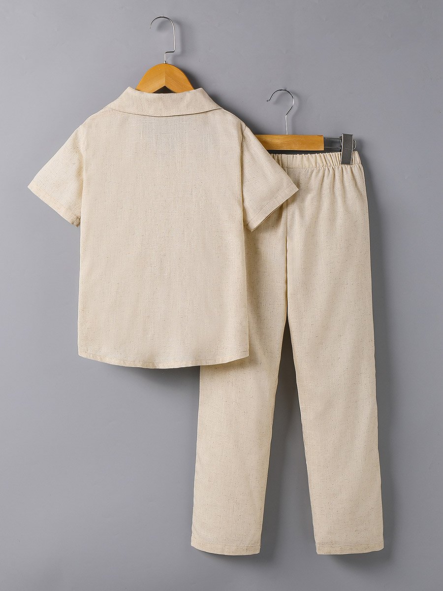 Boys Beige Linen Blend Shirt and Trousers Set