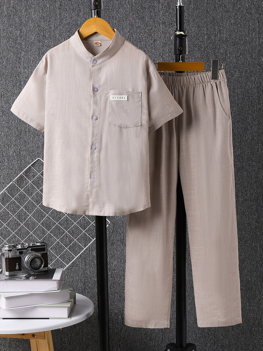 Boys Beige Linen-Look Shirt and Trousers Set