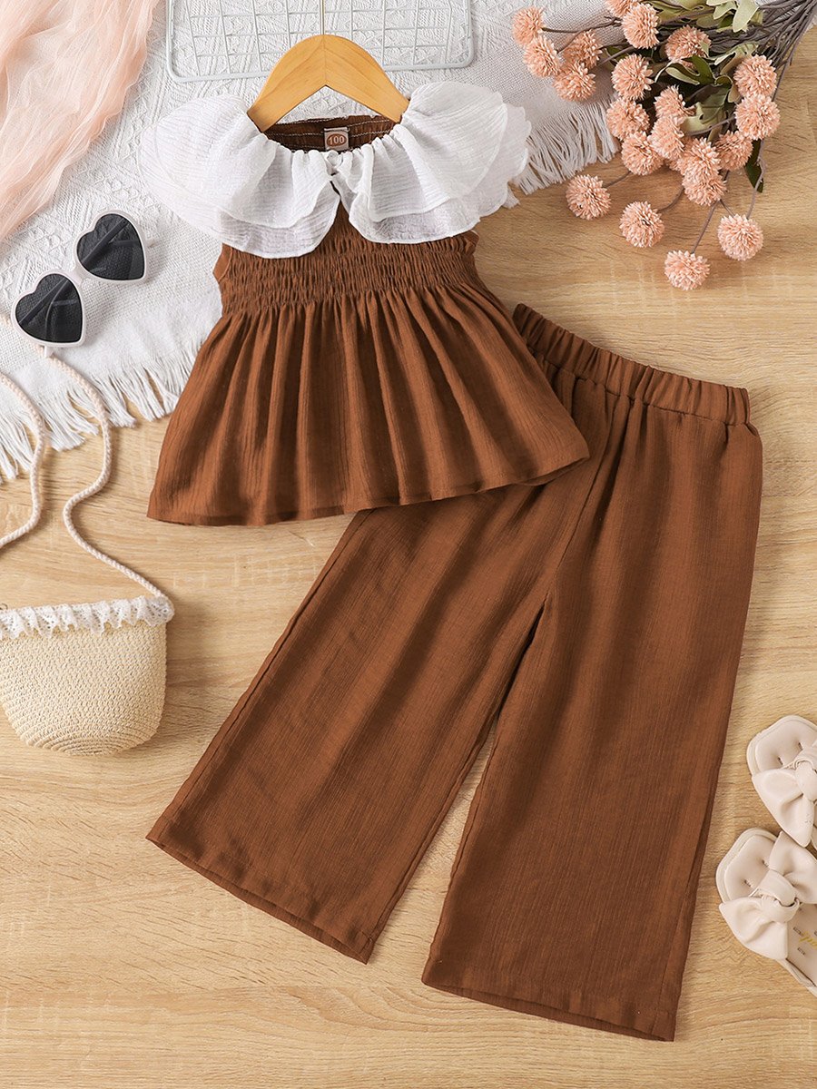 Brown Viscose Blend Top and Trousers Set