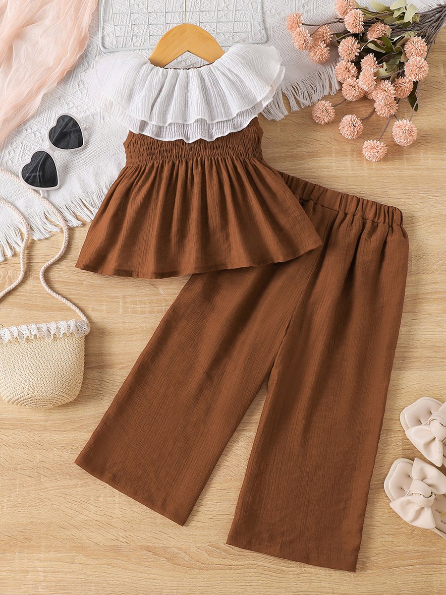 Brown Viscose Blend Top and Trousers Set