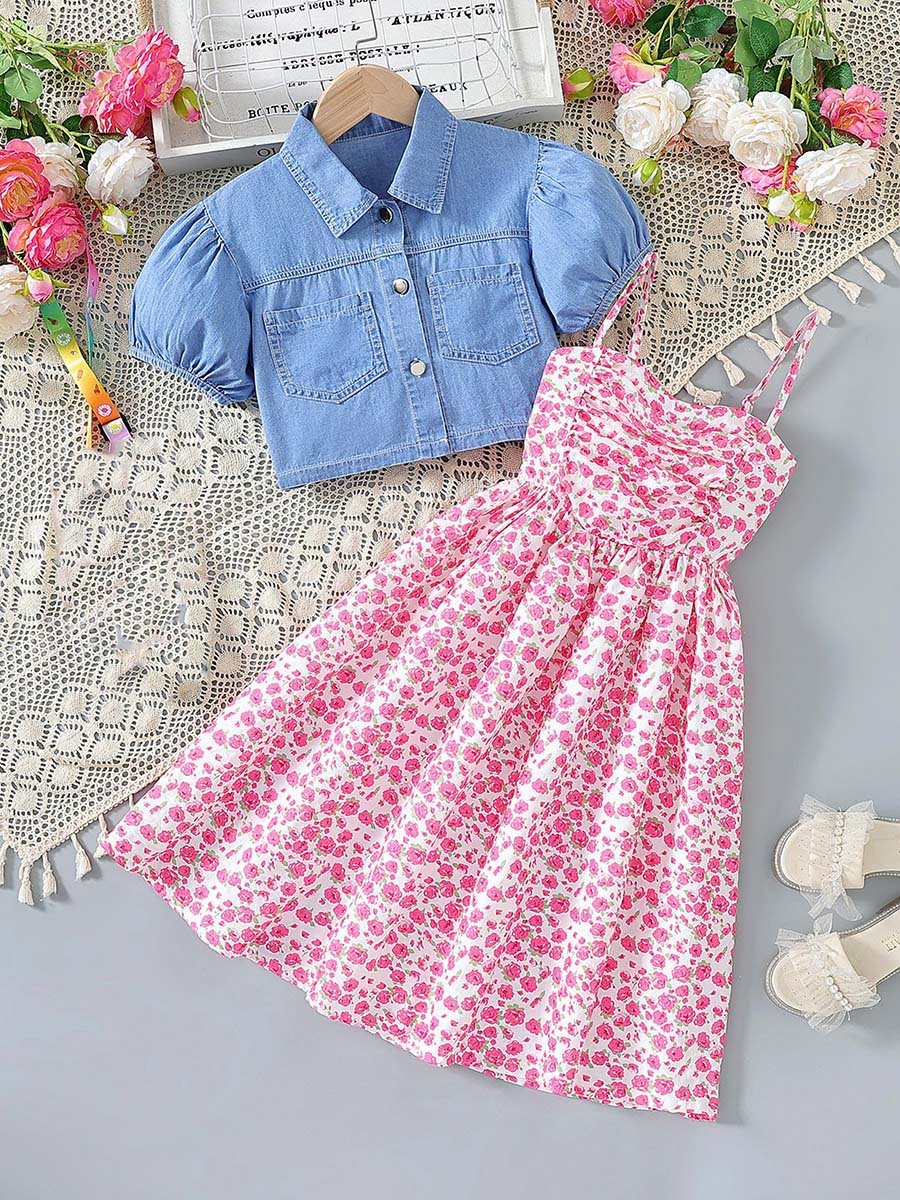 Girls Floral Strappy Dress and Denim Jacket Set