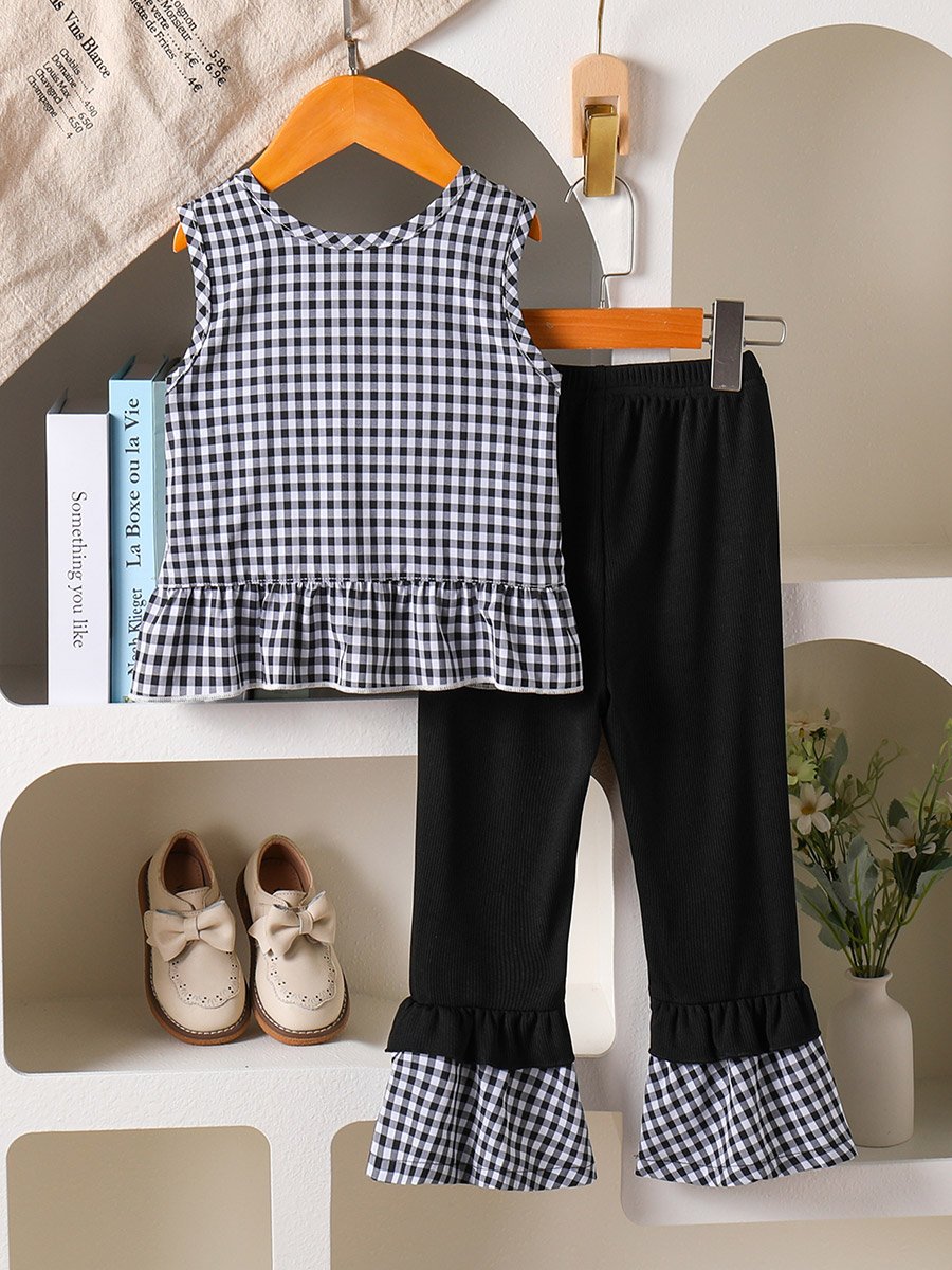 Girls Black Checkered Waistcoat and Pants Set