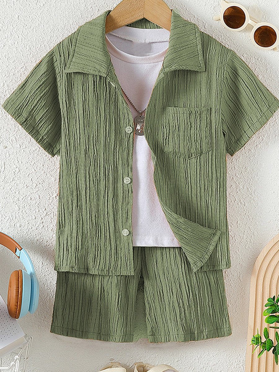 Boys Khaki Textured Shirt and Shorts Set