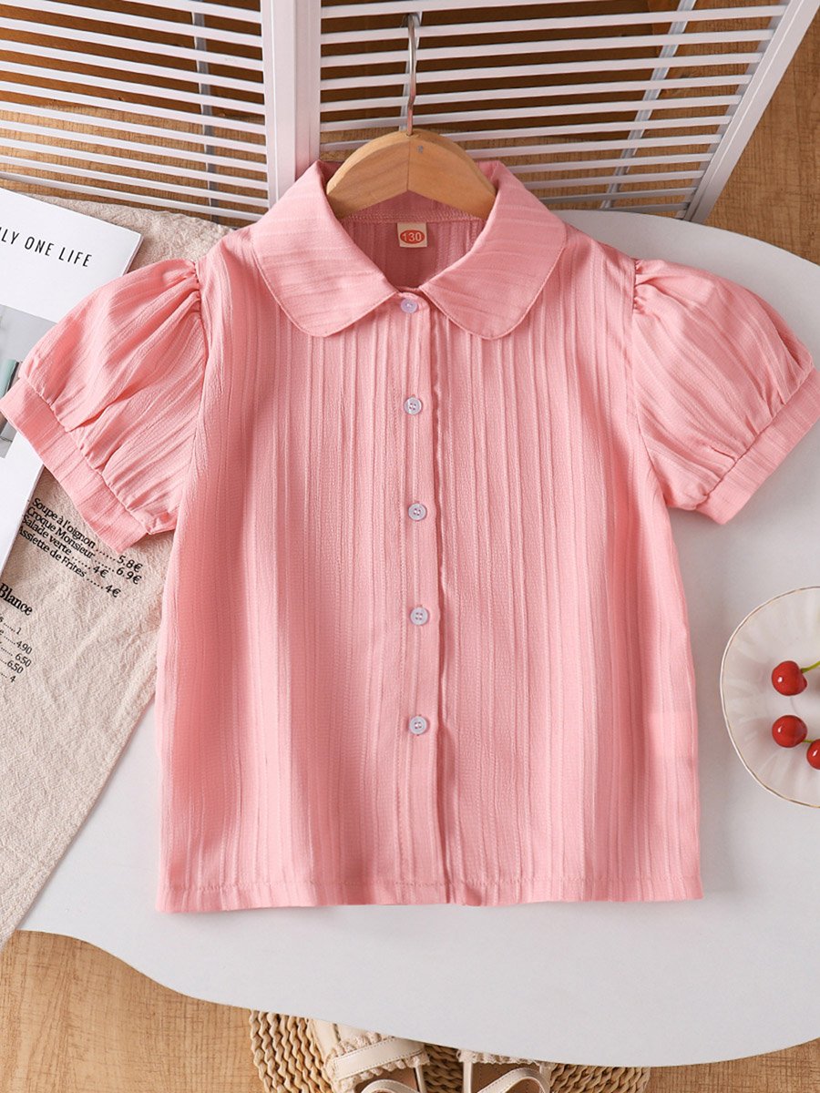 Girls Pink Textured Puff Sleeve Shirt