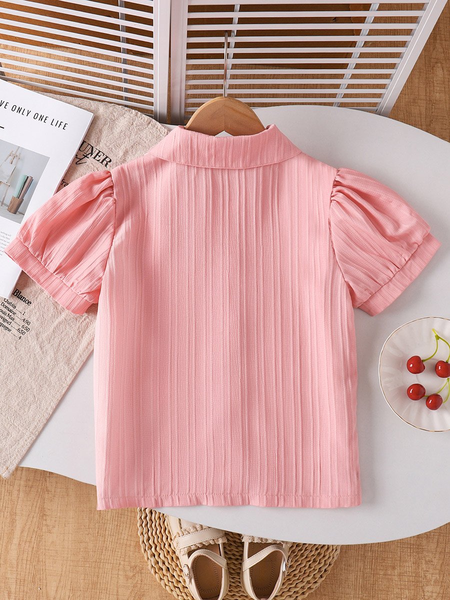 Girls Pink Textured Puff Sleeve Shirt