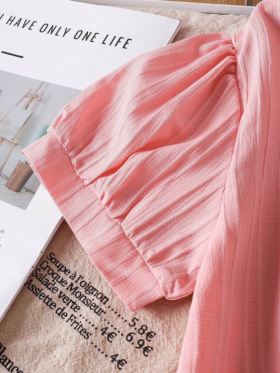Girls Pink Textured Puff Sleeve Shirt