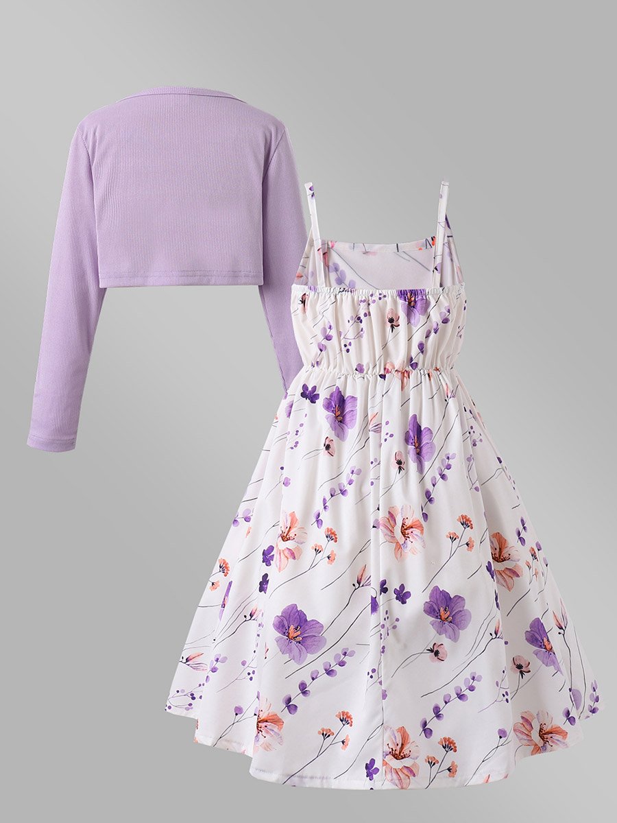 Girls Purple Floral Dress and Cardigan Set