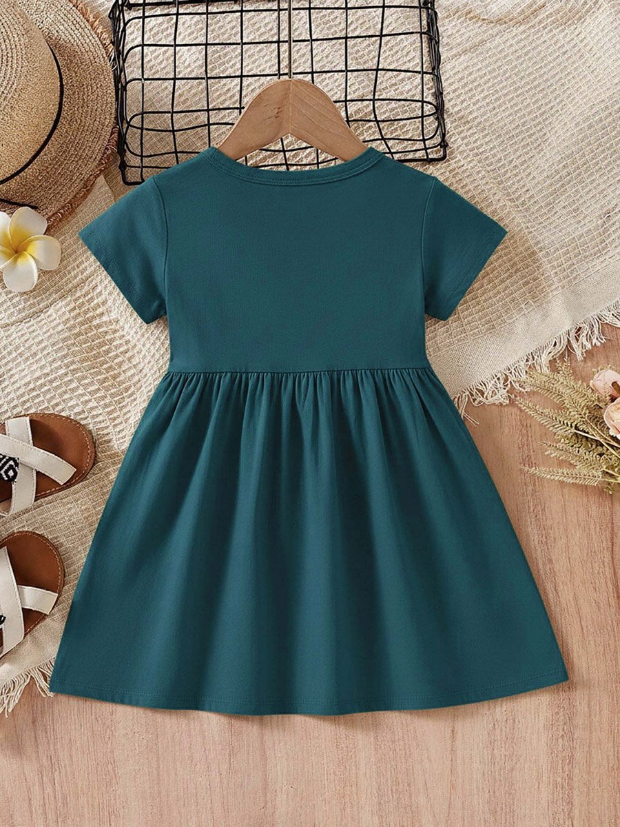 Girls Teal Buttoned Short Sleeve Dress