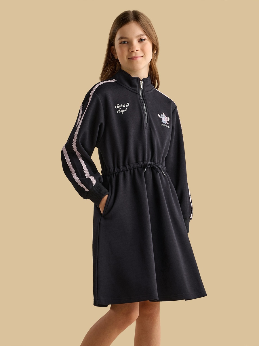 Stitch and Angel Print Half Zip Sweat Dress with Lace