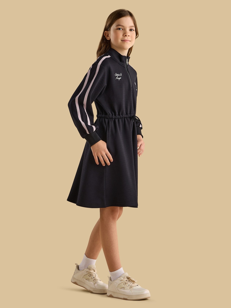 Stitch and Angel Print Half Zip Sweat Dress with Lace