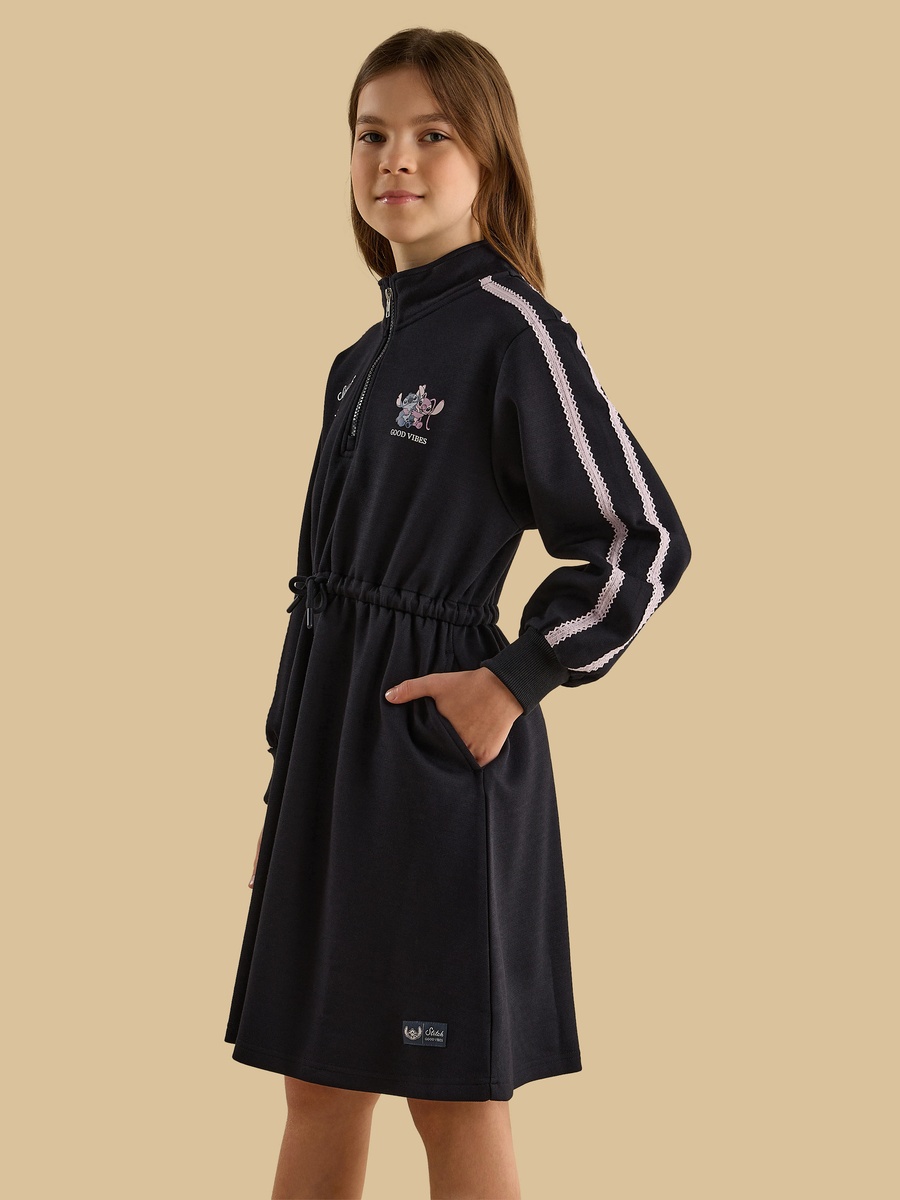 Stitch and Angel Print Half Zip Sweat Dress with Lace