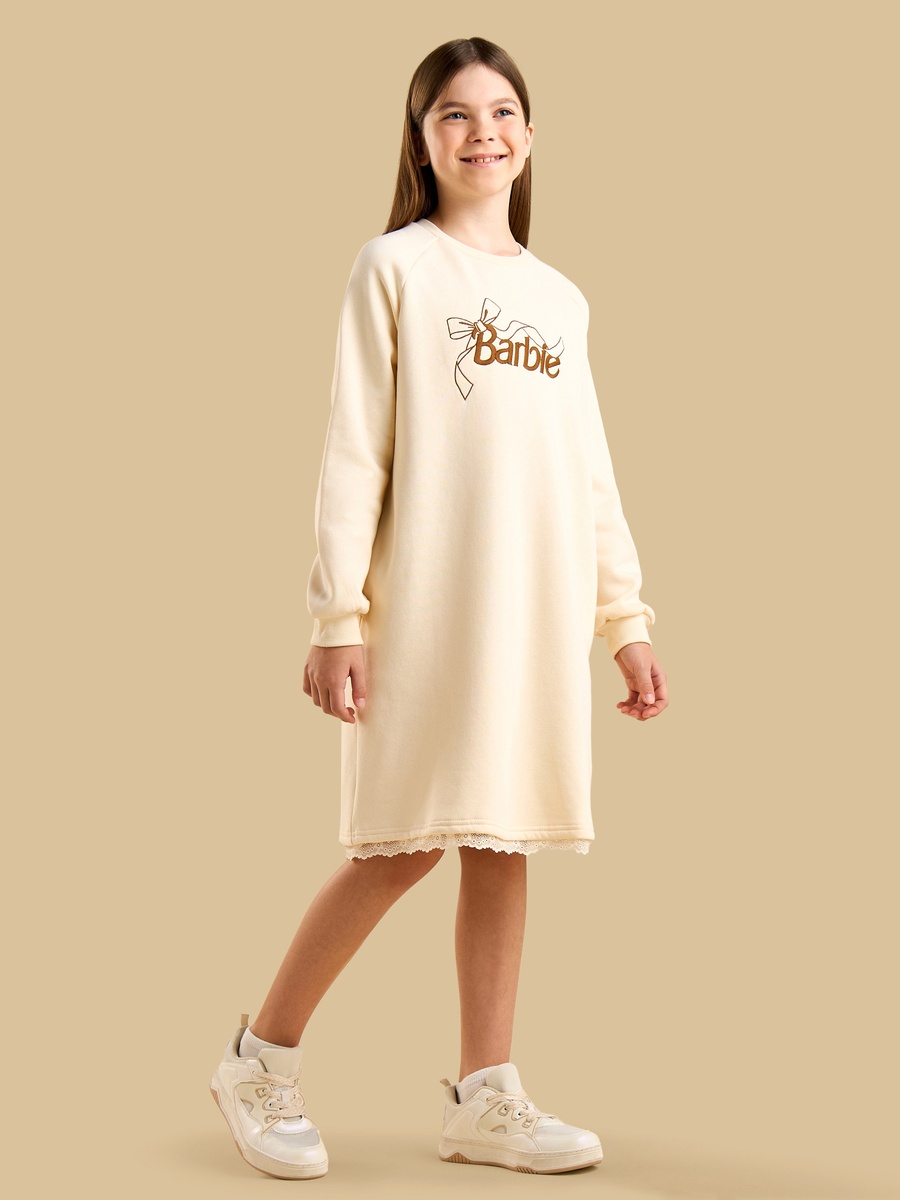Barbie Embroidered Oversized Sweat Dress with Lace Hem