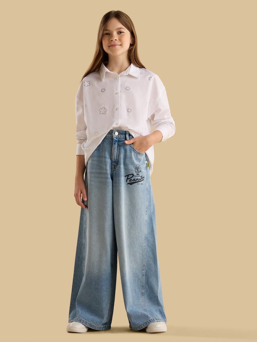 Peanuts Print Wide Leg Jeans