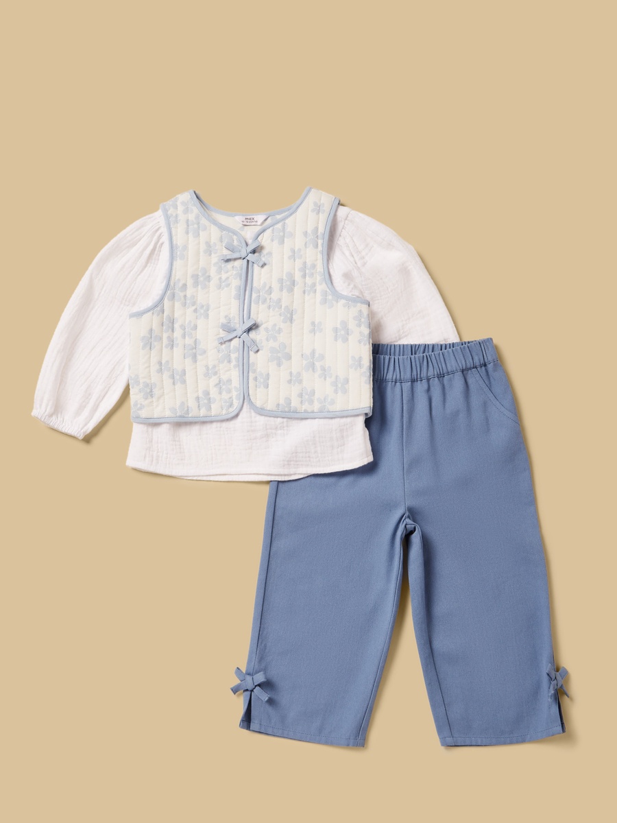 Floral Print Cotton Jacket with Top and Pants