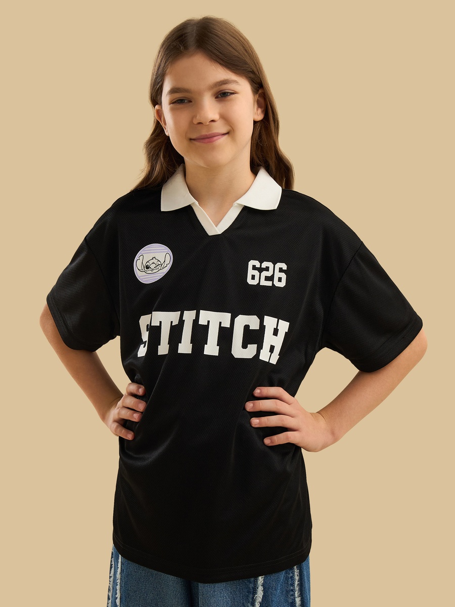 Stitch Print Oversized Polo T-Shirt
