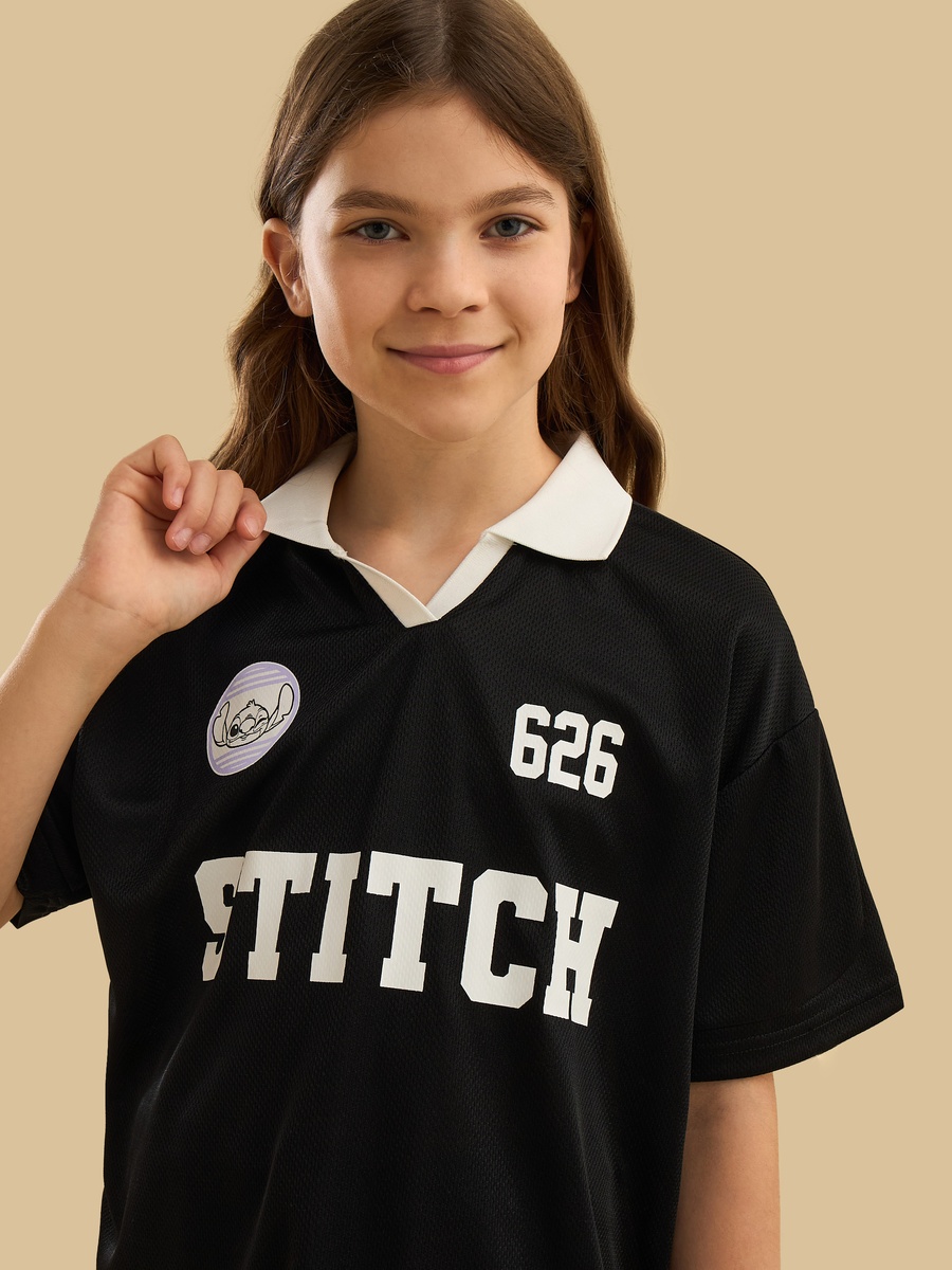 Stitch Print Oversized Polo T-Shirt