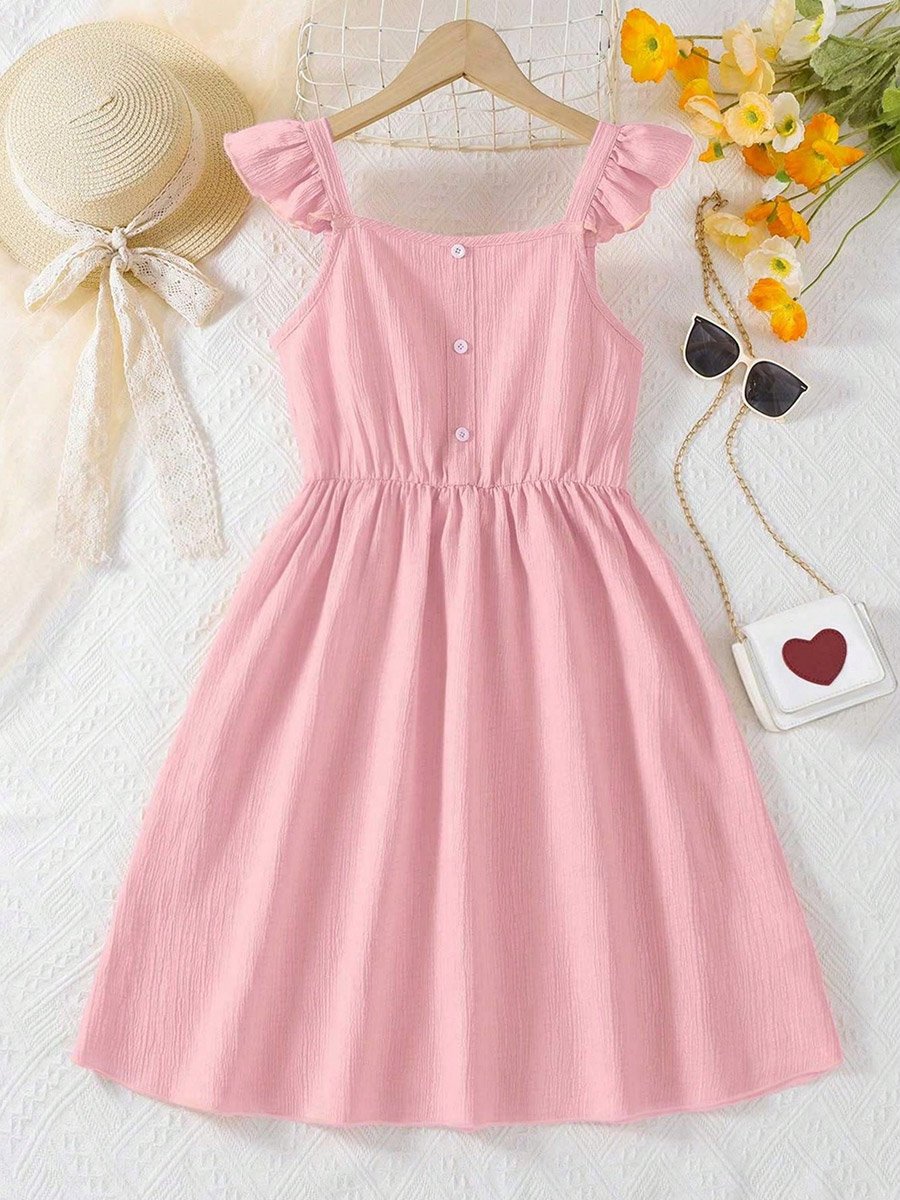 Girls Pink Ruffled Sleeve Buttoned Dress