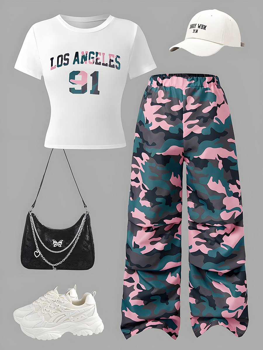 Girls Graphic Print T--Shirt and Camo Print Trousers Set