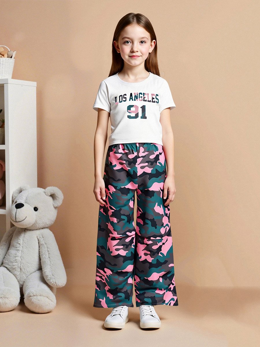 Girls Graphic Print T--Shirt and Camo Print Trousers Set