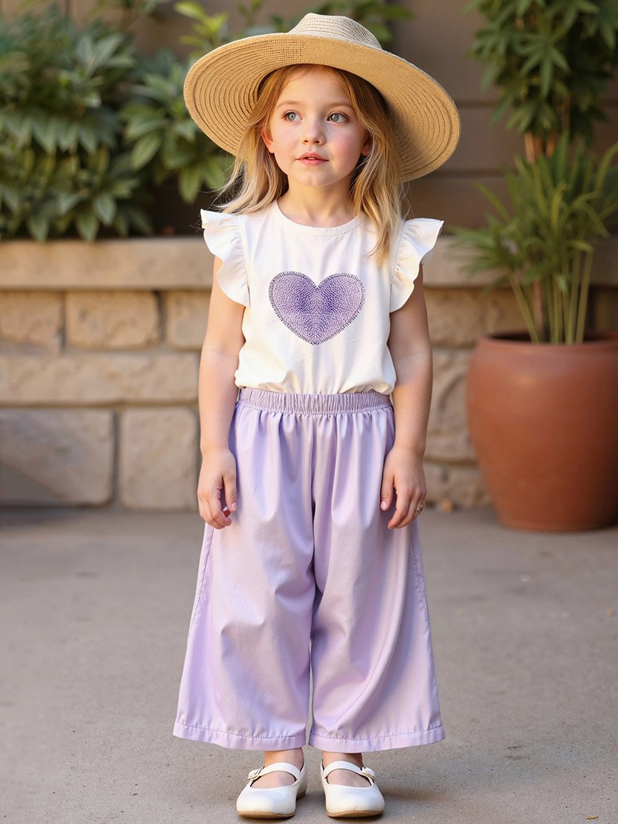 Girls Purple Heart Print Top and Trousers Set