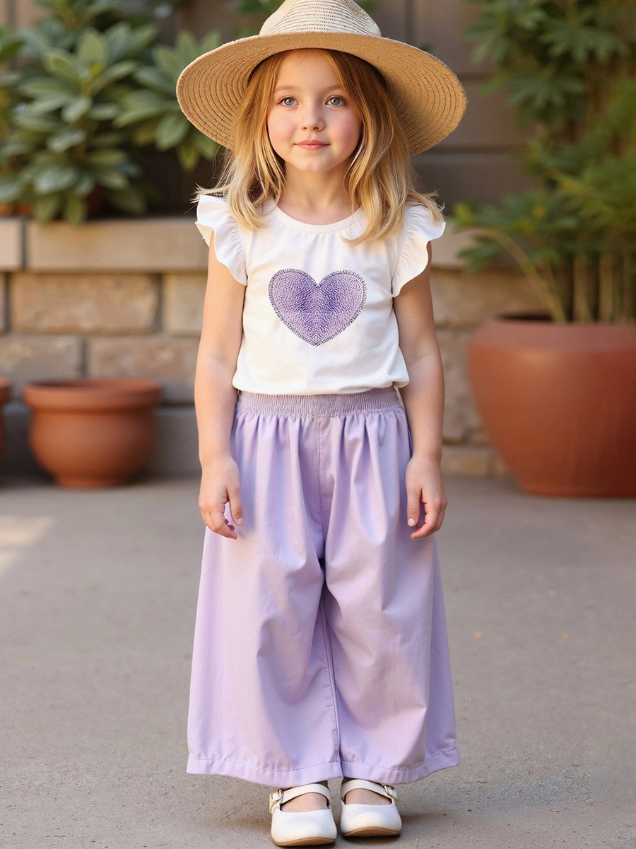 Girls Purple Heart Print Top and Trousers Set
