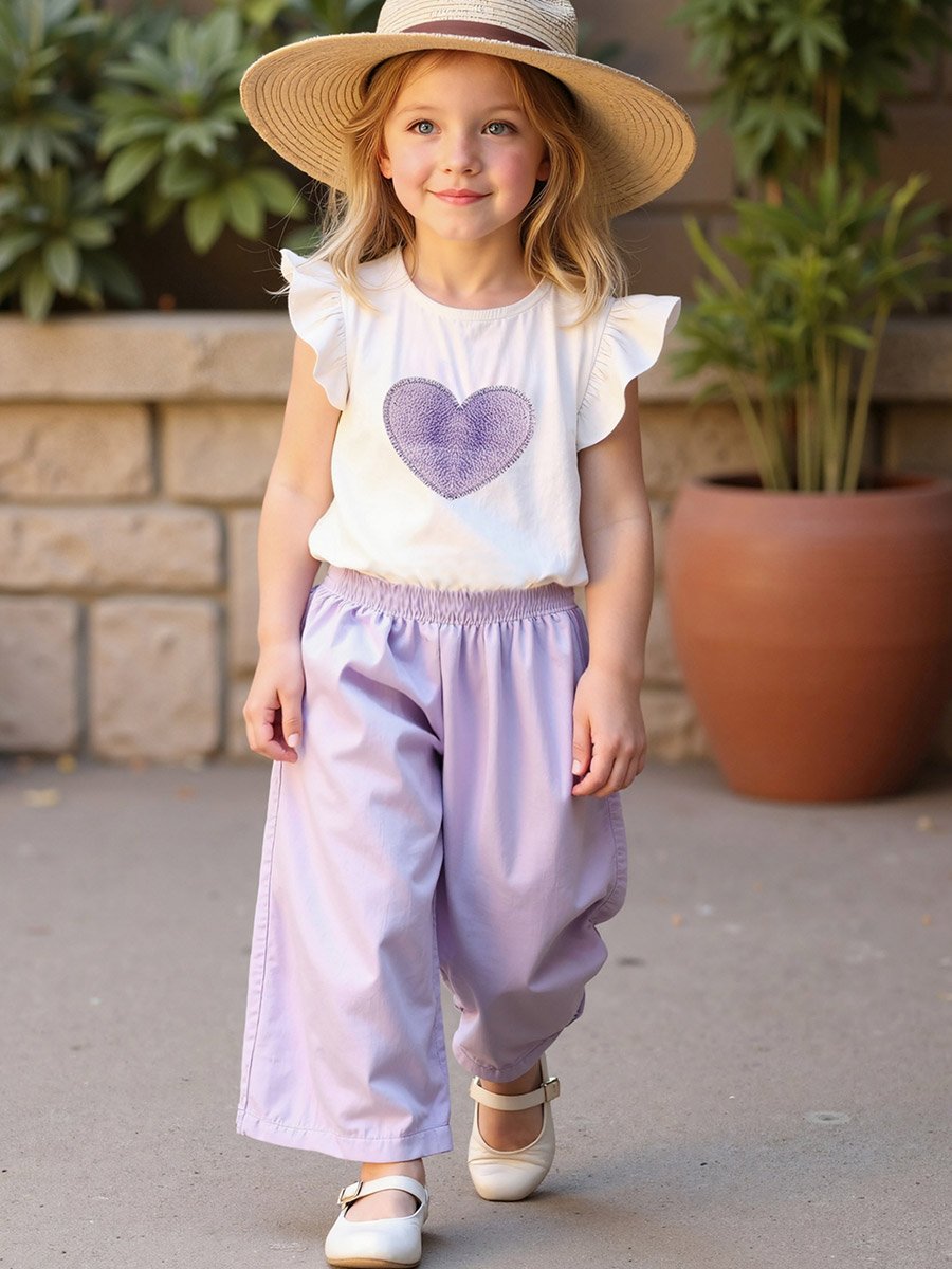 Girls Purple Heart Print Top and Trousers Set