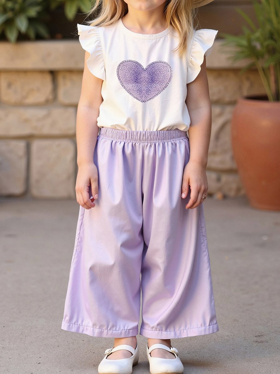 Girls Purple Heart Print Top and Trousers Set