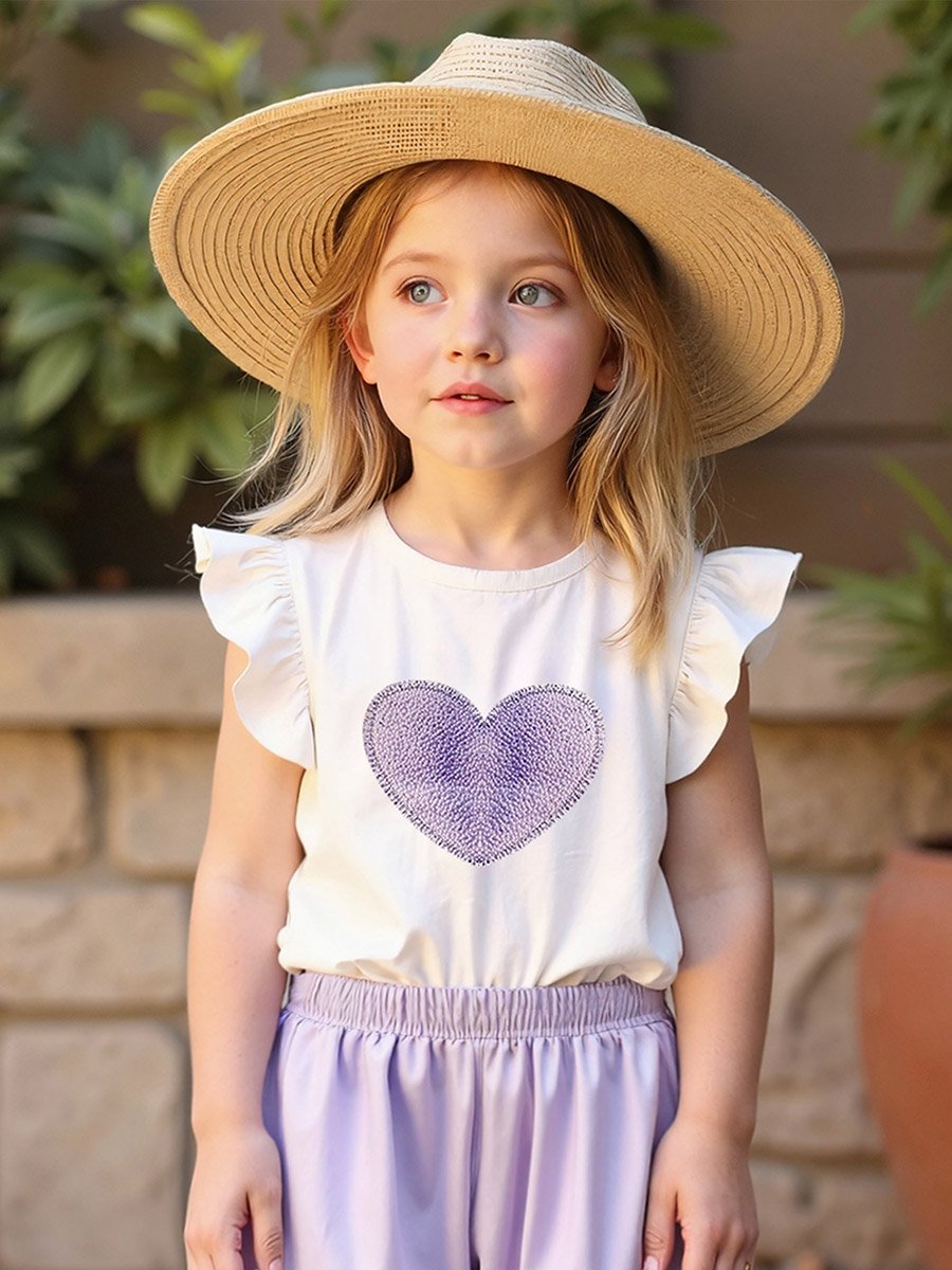 Girls Purple Heart Print Top and Trousers Set